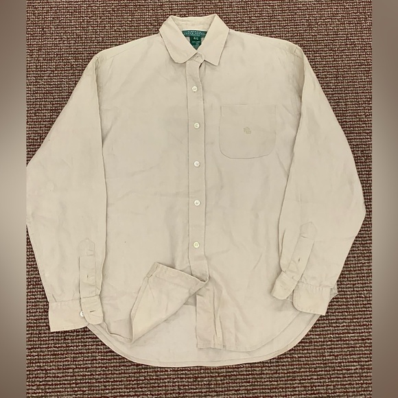 Women's Small Petite Natural Linen Lauren Ralph Lauren Vtg Button Down Shirt - Picture 8 of 12